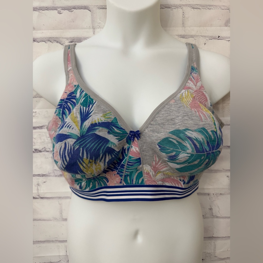 Cacique Unlined Full Coverage No Wire‎ Bra 42DDD Gray Blue Striped Foral Comfort